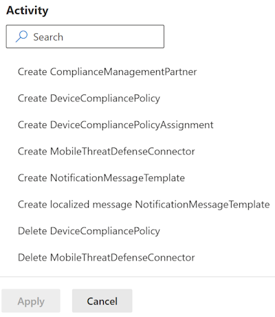 Filter audit logs by compliance category and select an activity in Microsoft Intune and Intune admin center.