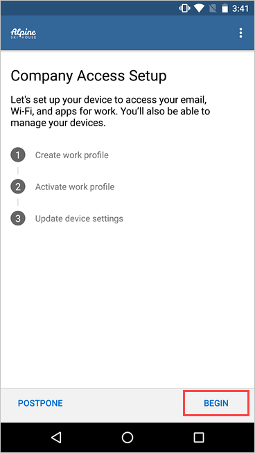 Screenshot of Company Access Setup screen highlighting the Begin button.