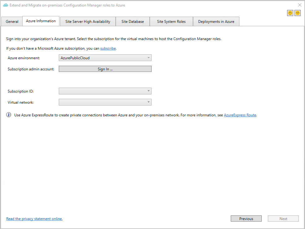 Azure Information tab in the Extend and Migrate tool