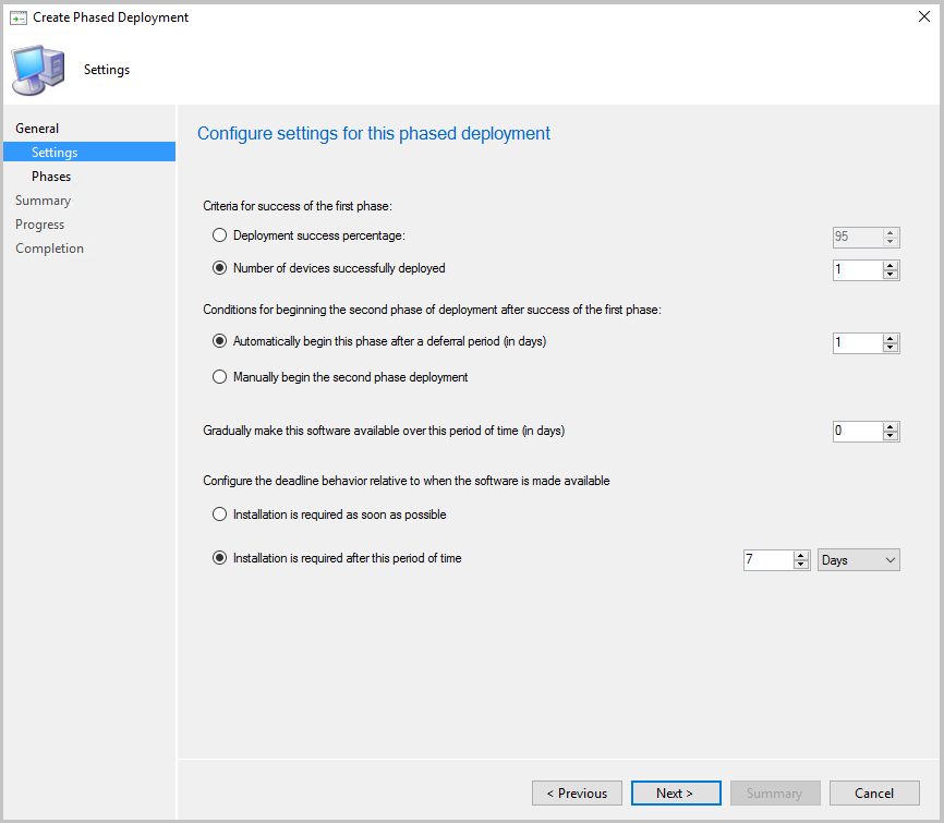 Phased deployment criteria for success settings