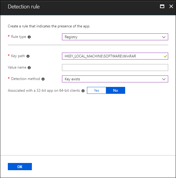 Screenshot of detection rule pane - registry key exists.