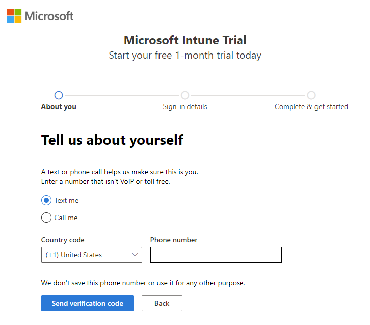 Screenshot of the Microsoft Intune set up account page -  Send verification code