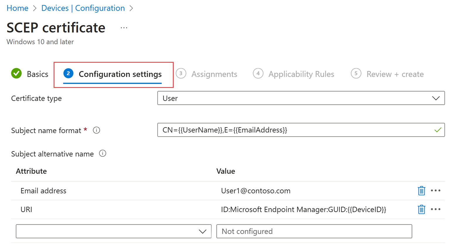 Screenshot of the SCEP certificate profile create flow highlighting the Configuration settings label.