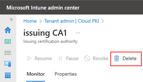 Example screenshot highlighting the delete action for an issuing CA.