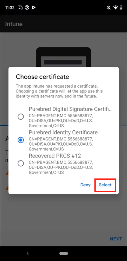 Screenshot of the Choose certificate prompt