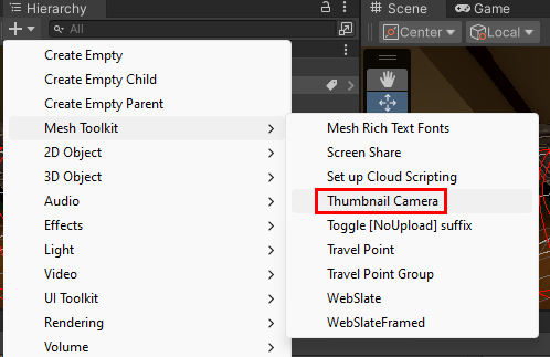 A screenshot of Unity hierarchy menu popup showing the option to add a Thumbnail camera