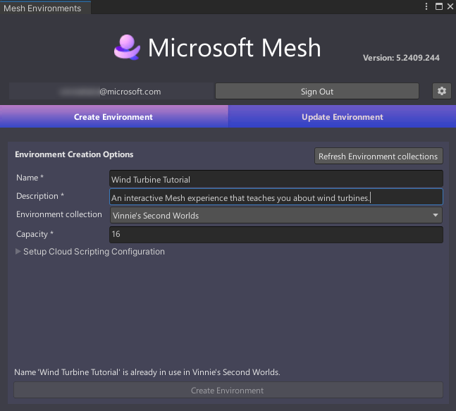 A screenshot of a Mesh uploader showing the Create environment tab filled out.