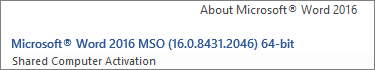 Screenshot of Shared Computer Activation information in the About Microsoft Word section.