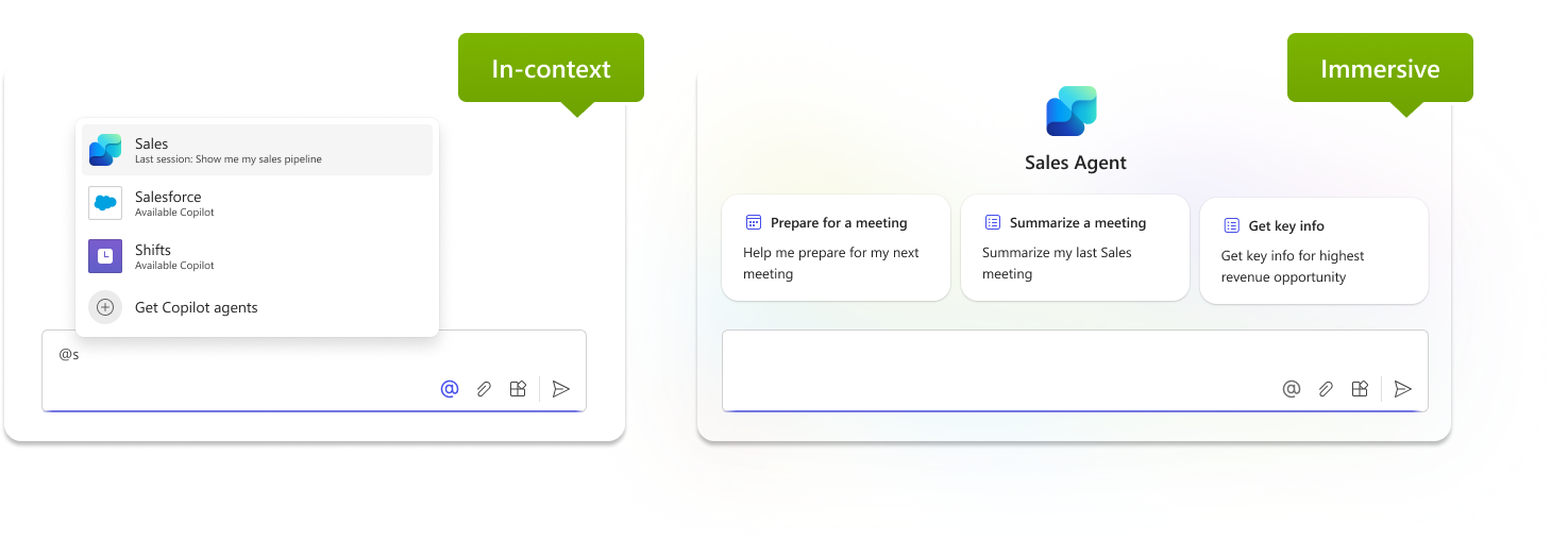 This illustration shows two distinct copilot user experiences, in context and immersive
