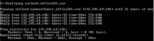 Ping av outlook.office365.com som viser oppløsning i outlook-namnorthwest.