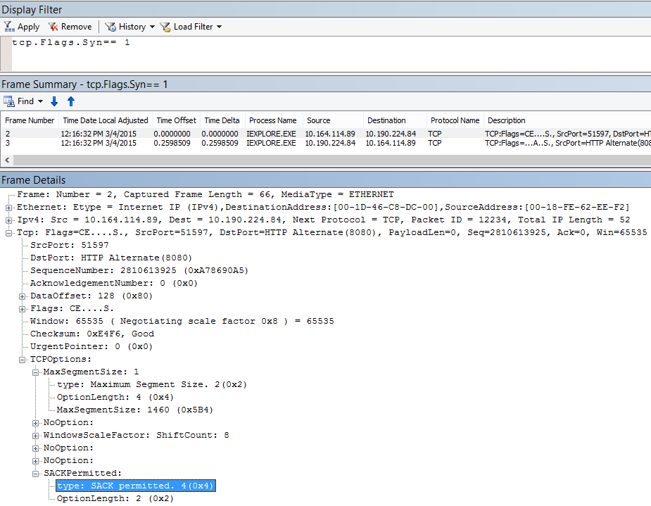 Selektiv bekreftelse (SACK) i Netmon som et resultat av tcp.flags.syn == 1.