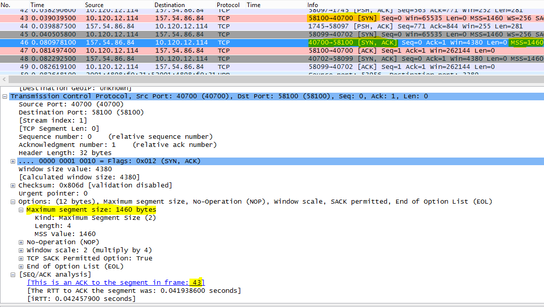 Sporing filtrert i Wireshark etter tcp.options.mss for maksimal segmentstørrelse (MSS).