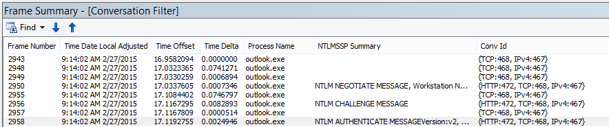 Netmon-sporing som viser proxy-godkjenning, filtrert etter samtale.