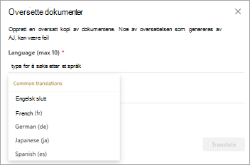 Skjermbilde som viser skjermen Oversett dokumenter med språkalternativer.