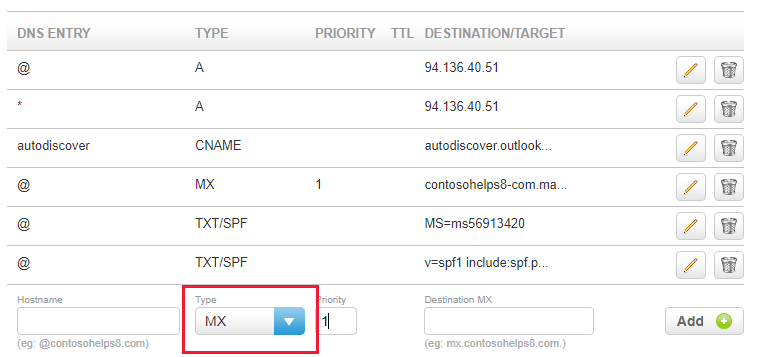 Velg MX-typen fra rullegardinlisten, og fyll ut verdiene.