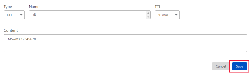 Skjermbilde av hvor du velger Lagre for å legge til en TXT-post for domenebekreftelse.