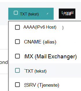 Velg TXT fra rullegardinlisten Type for TXT-posten for domenebekreftelse.