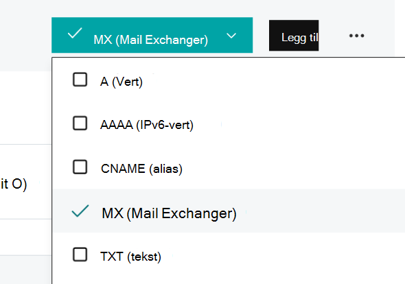 Rullegardinmeny som viser at MX-posten er valgt.