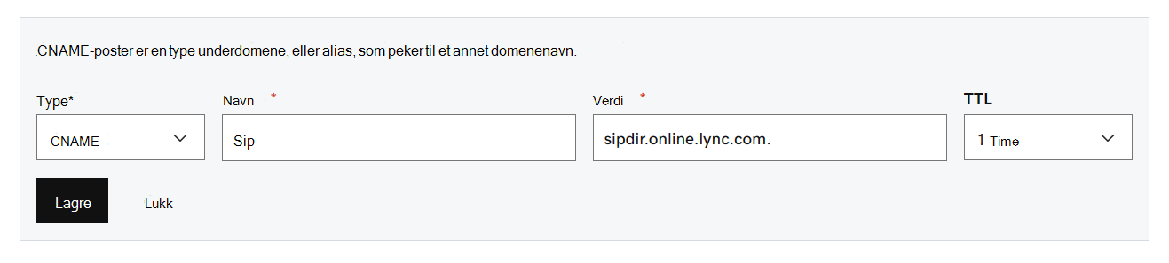 Fyll ut verdiene fra tabellen for CNAME-postene for Microsoft Teams.