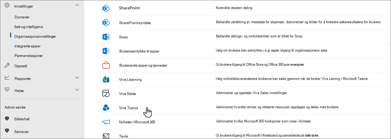 Skjermbilde av Tjenester-fanen med Topics valgt.