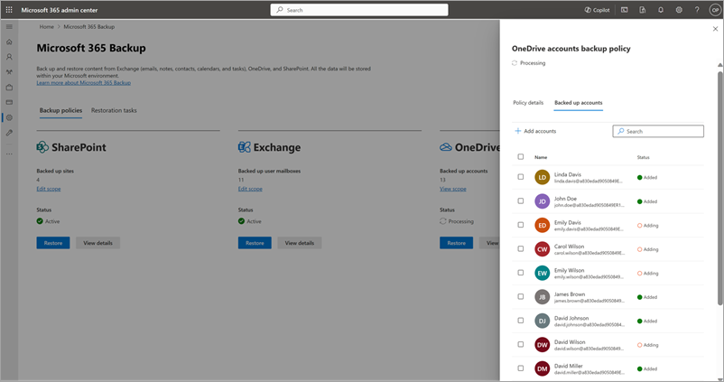 Skjermbilde som viser hvordan du legger til brukerkontoer i den eksisterende policyen for sikkerhetskopiering av OneDrive i Administrasjonssenter for Microsoft 365.