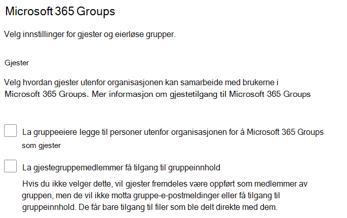 Skjermbilde av Microsoft 365 Groups delingsinnstillinger i Administrasjonssenter for Microsoft 365.