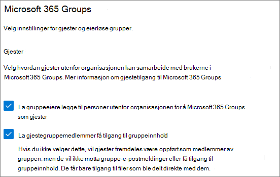 Skjermbilde av gjesteinnstillinger for Microsoft 365 Groups i administrasjonssenteret for Microsoft 365.