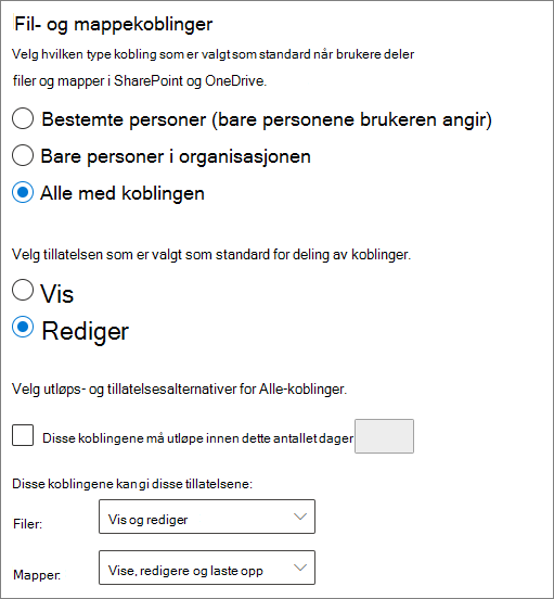 Skjermbilde av sharePoint-innstillinger for deling av filer og mapper på organisasjonsnivå.