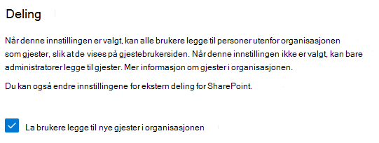 Skjermbilde av innstillingen for gjestedeling for sikkerhet og personvern i administrasjonssenteret for Microsoft 365.