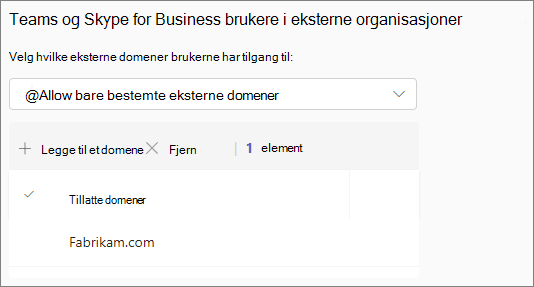 Skjermbilde av teams innstillinger for ekstern tilgang for Teams- og Skype for Business-brukere i eksterne organisasjoner med ett tillatt domene.