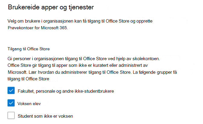 La brukeren få tilgang til innstillinger for Office Store for EDU