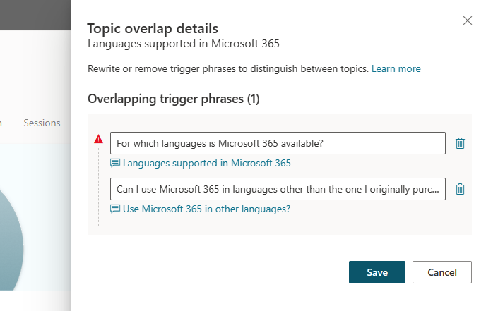 Skjermbilde av ruten Detaljer om emneoverlapping som viser overlappinger knyttet til Microsoft 365-språkemner.