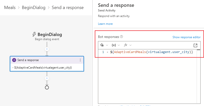 Begynn-dialog i Composer – legg til Send et svar-handling.