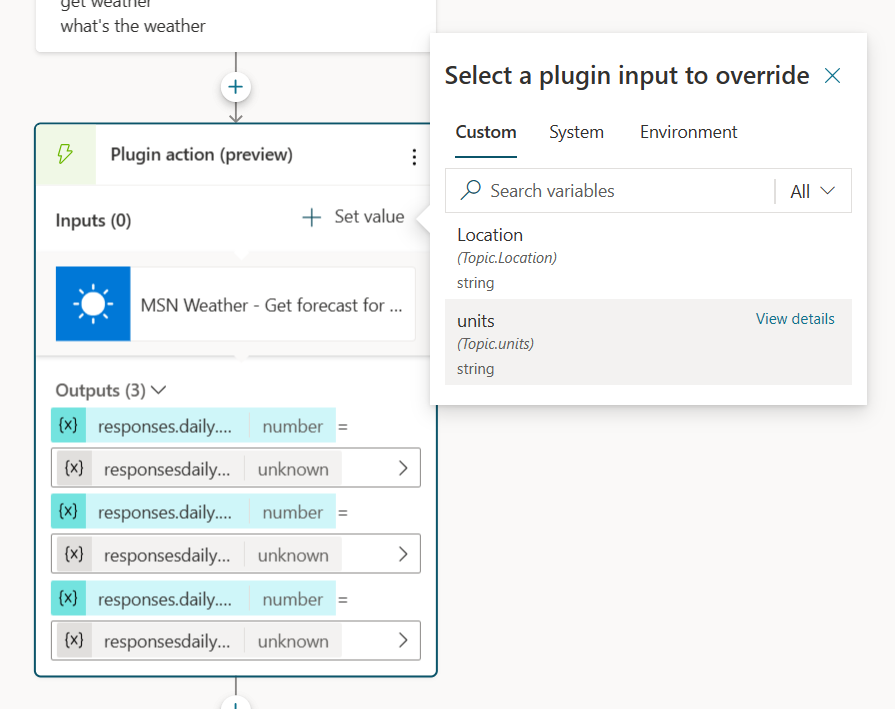 Skjermbilde av listen over inndata som er tilgjengelige for overstyring.