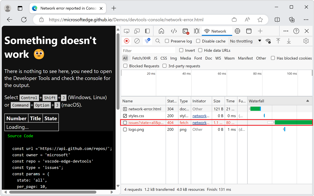 The Network tool displays more information about the failed request