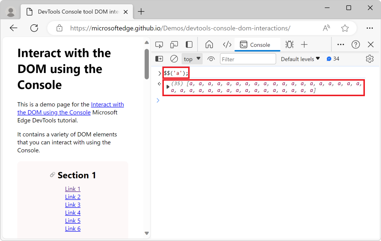 The result of the $$('a') function in the Console, which is an array of  elements