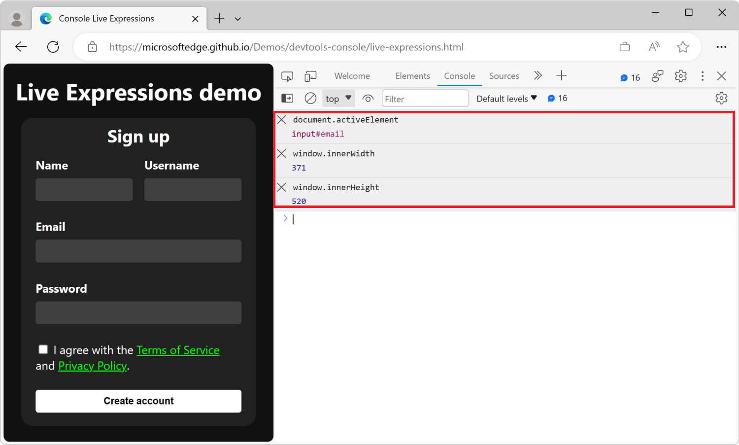 The Console tool in DevTools, with three live expressions: document.activeElement, window.innerWidth, and window.innerHeight