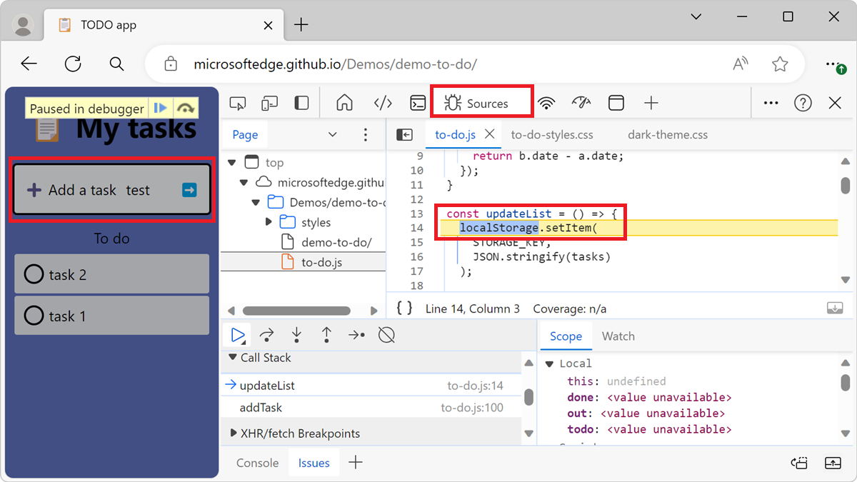 The debugger pauses inside the updateList() function