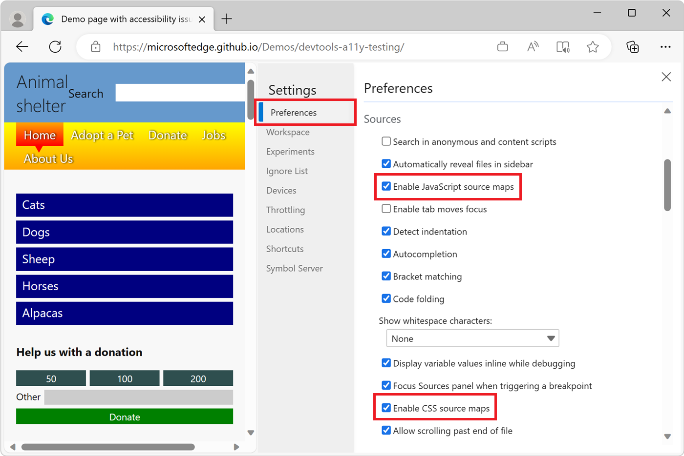 The Preferences configuration screen in DevTools settings