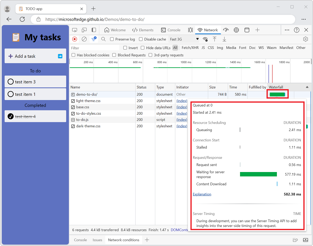 Previewing the timing breakdown of a request