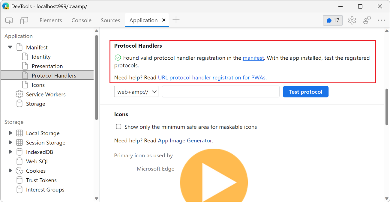 The Protocol Handlers section of the Manifest pane with protocols defined