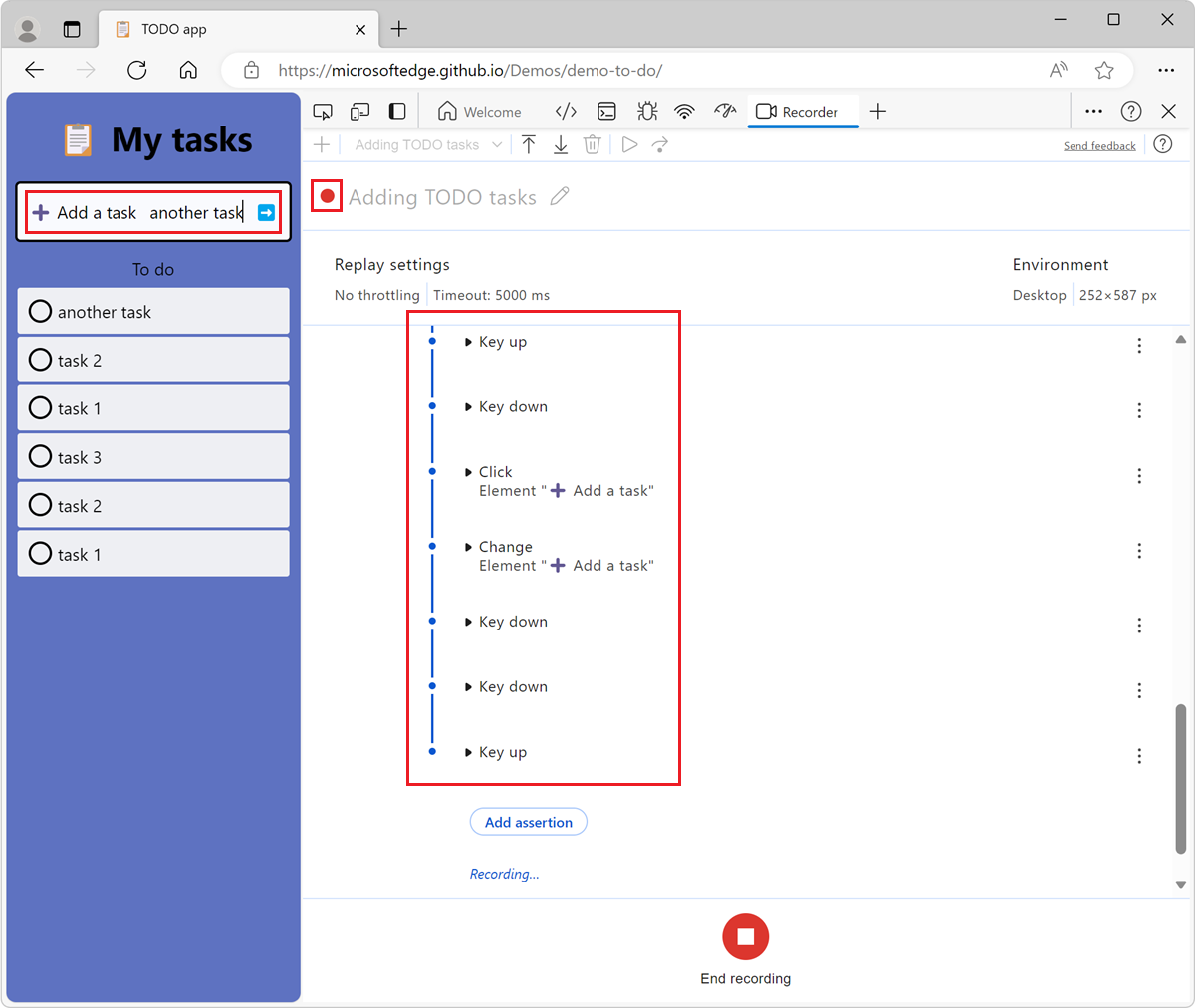 The recorded user interactions displayed as a list in the Recorder tool