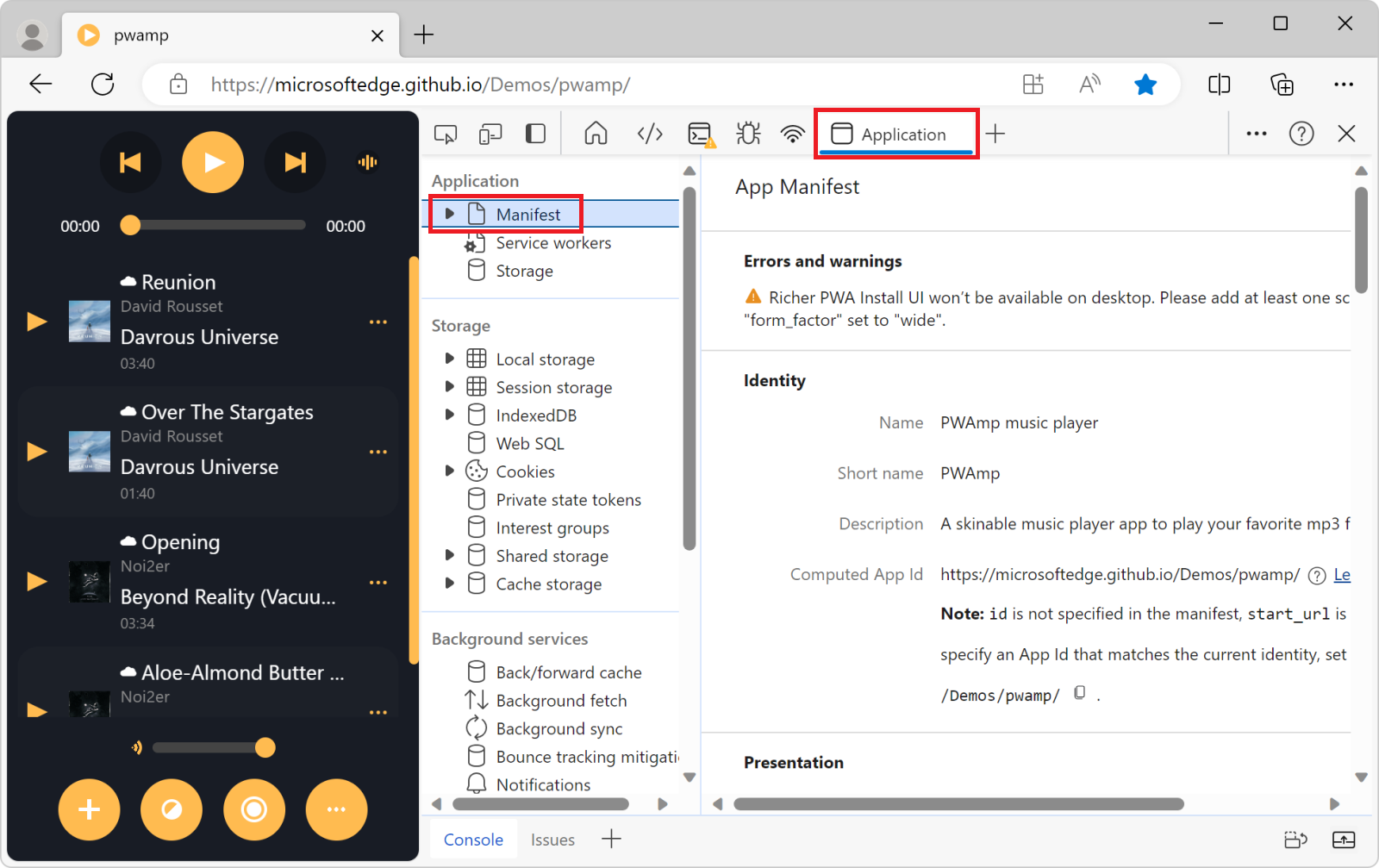 The Manifest pane of the Application tool