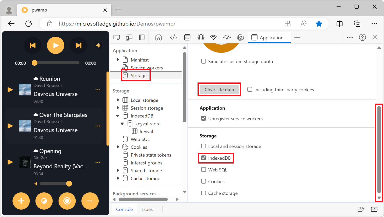 The Storage pane, showing the various storage checkboxes and the Clear site data button