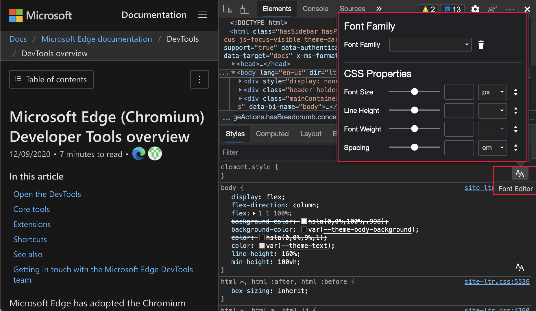 The visual Font editor in the Styles pane