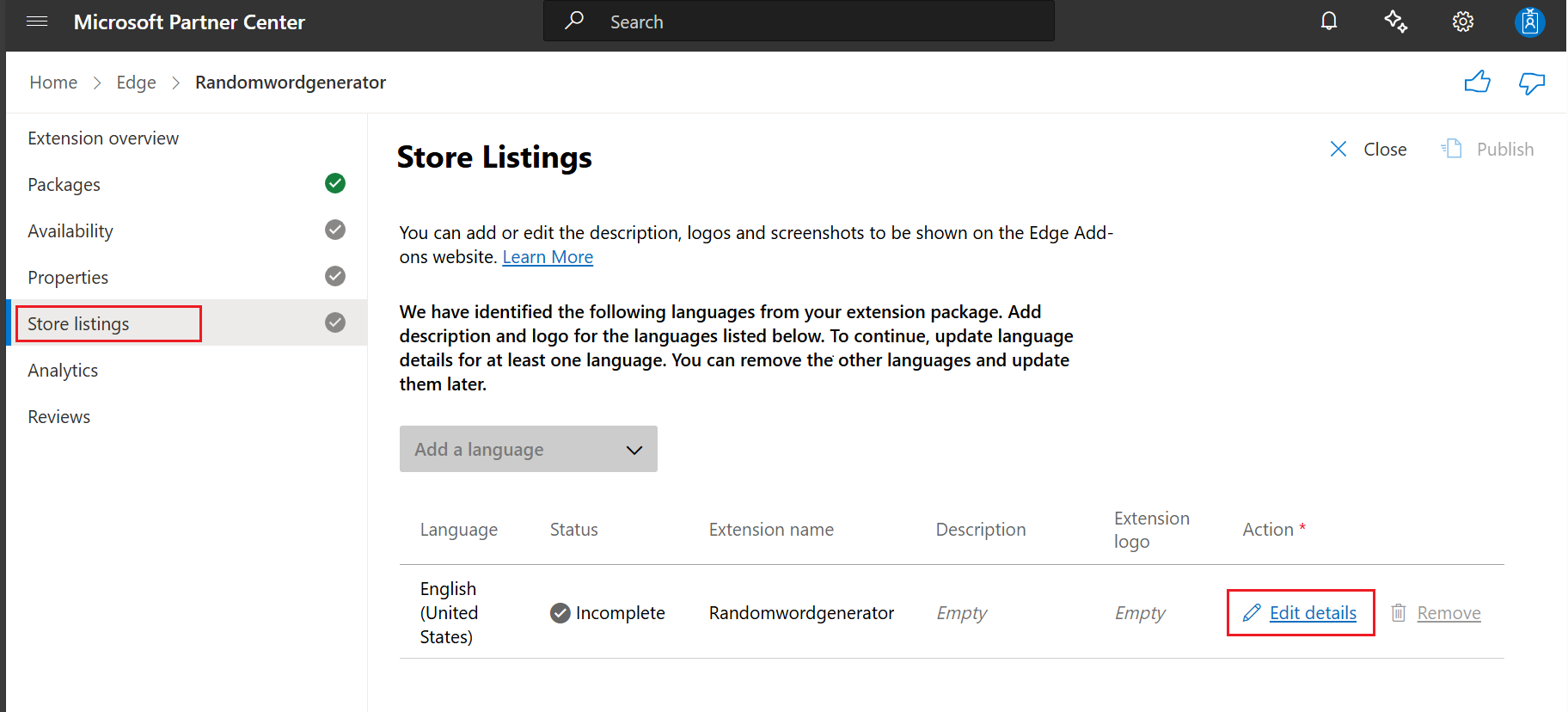 Store listing section for an extension