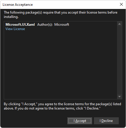 The 'License Acceptance' dialog for installing the Microsoft.UI.Xaml package