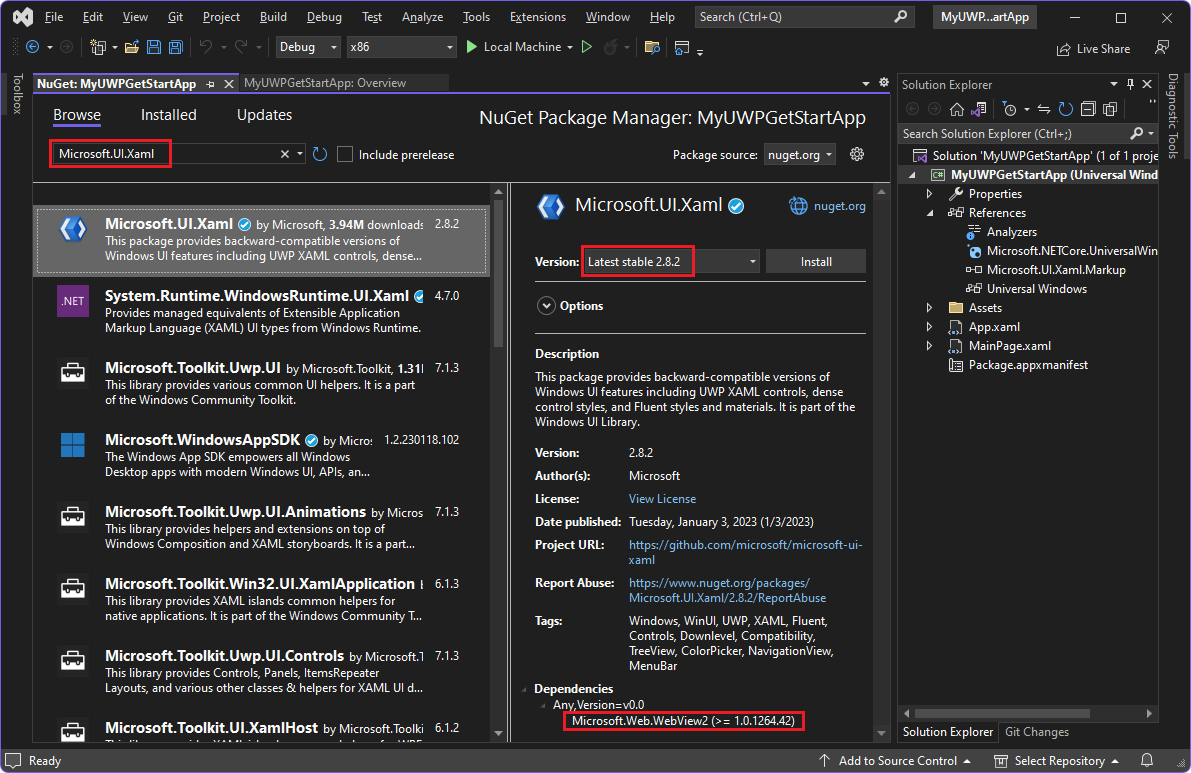 The NuGet package manager to install Microsoft.UI.Xaml