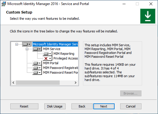 MIM Service Component selection screen image