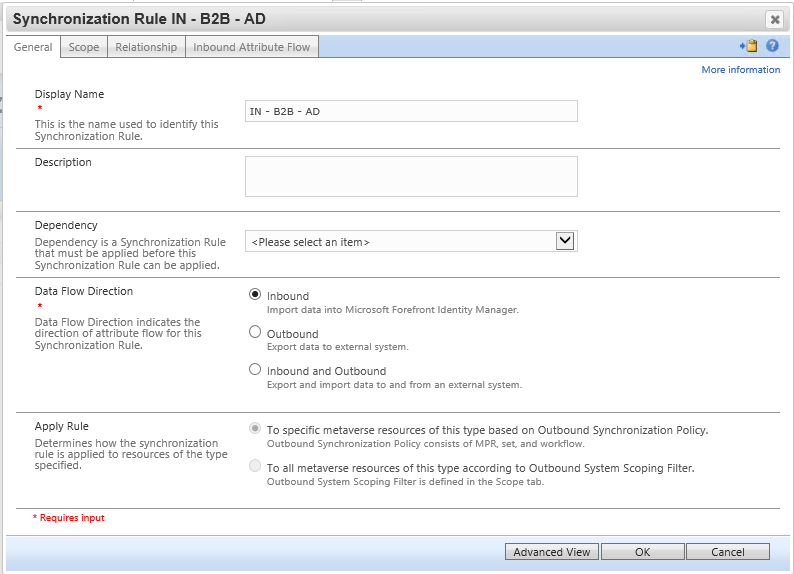 Screenshot showing the General tab of the Synchronization Rule IN screen.